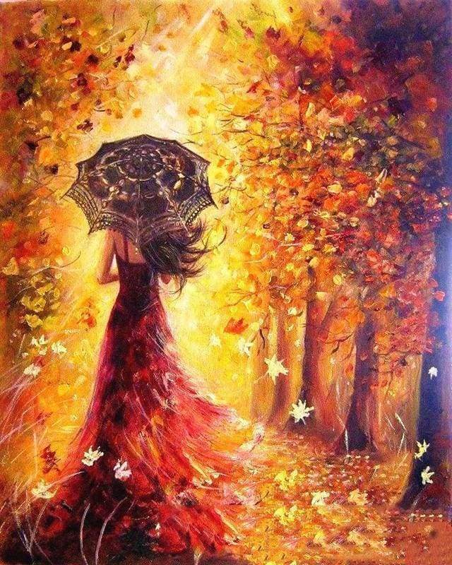 Forêt d'automne et Femme au Parapluie